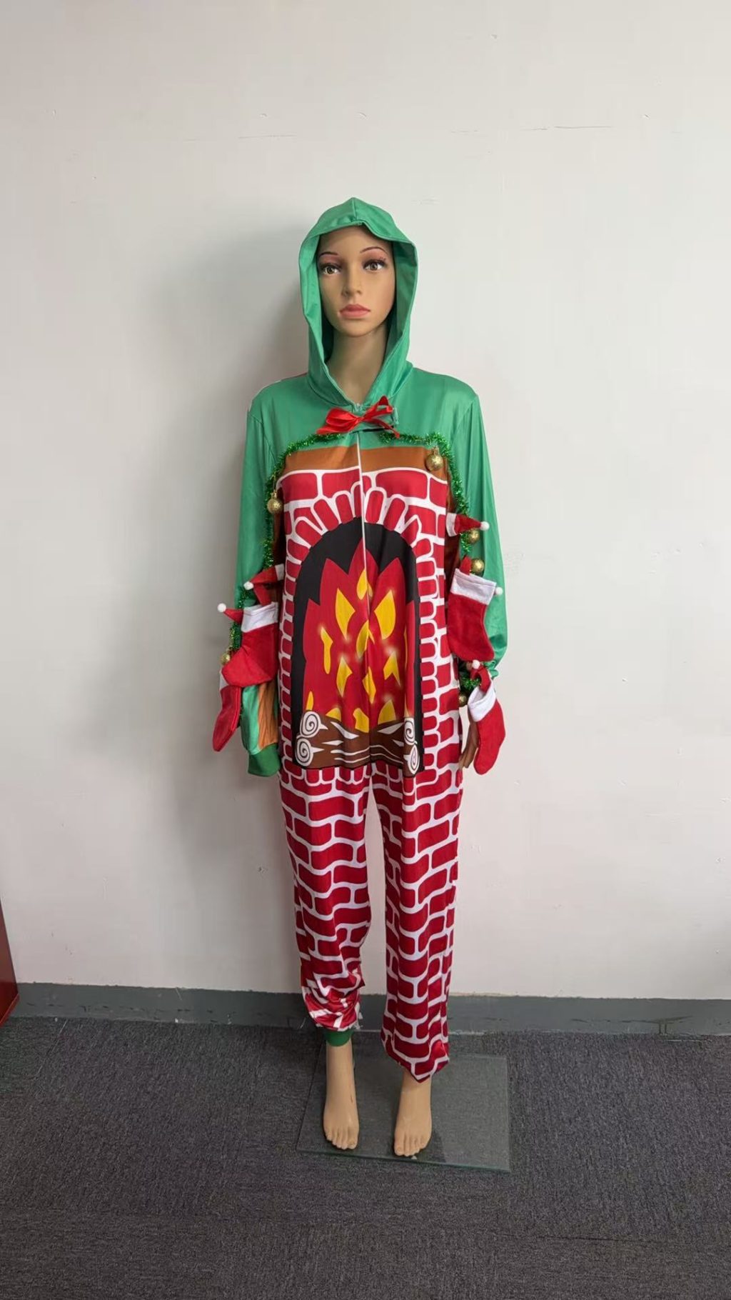 Hooded fireplace costume with printed flames and brick pattern, front view