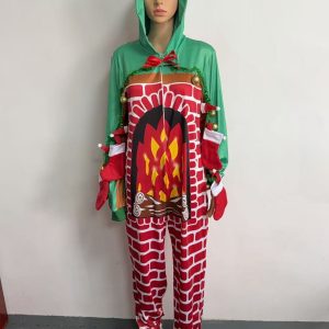 Fireplace costume front with green hood, brick print and flame panel
