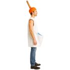 Side view of projecting toilet bowl front and sleeveless white tunic