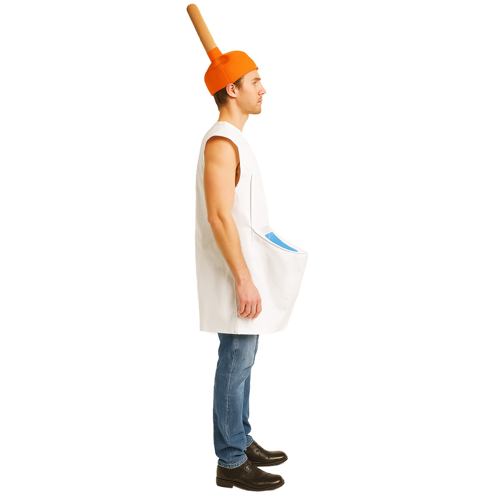 Side view of projecting toilet bowl front and sleeveless white tunic