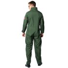 Rear view of an adult model wearing an olive-green pilot jumpsuit with a raised collar and sleeve flag patch