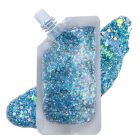 Blue cosmetic glitter gel in a capped pouch beside a gel swatch
