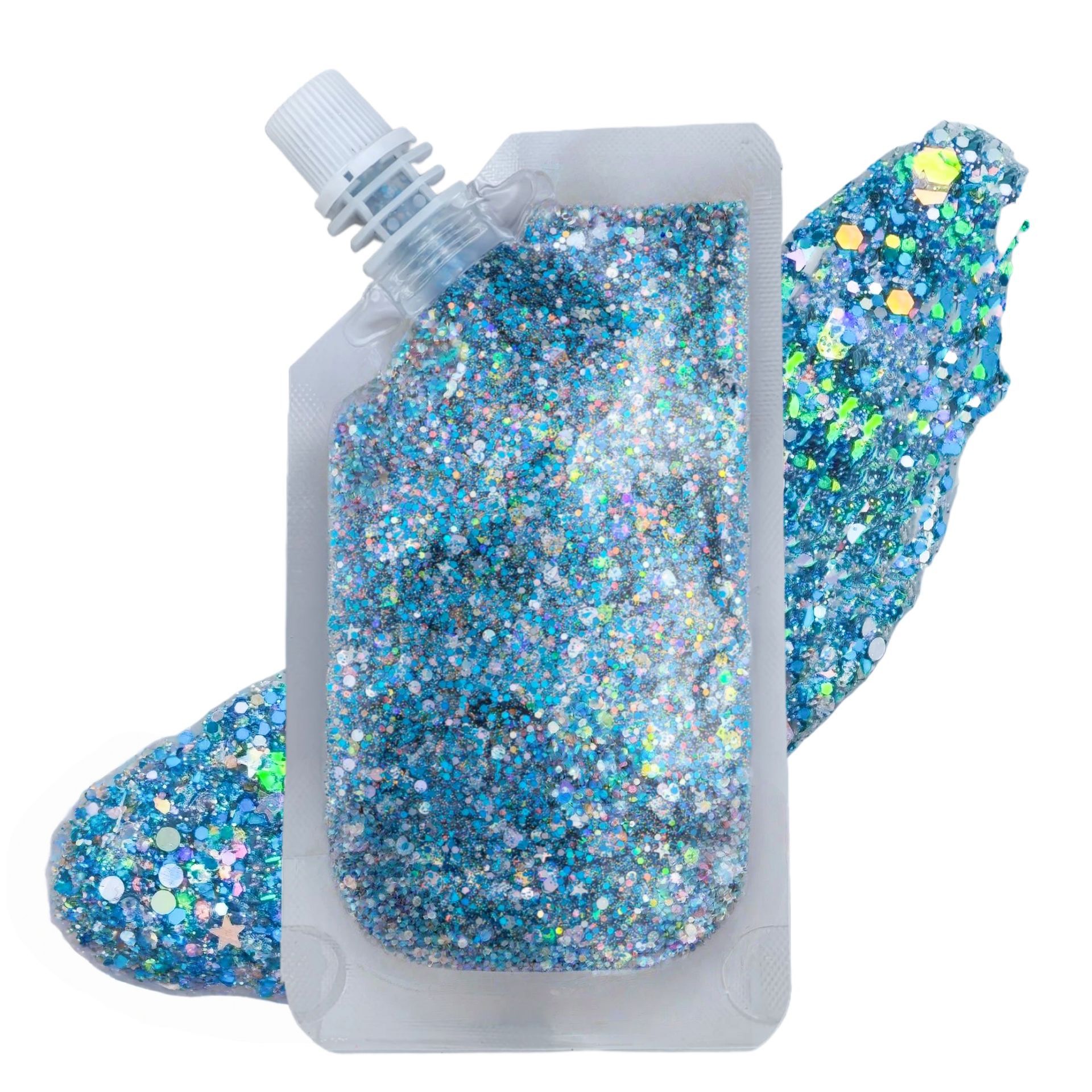 Blue cosmetic glitter gel in a capped pouch beside a gel swatch