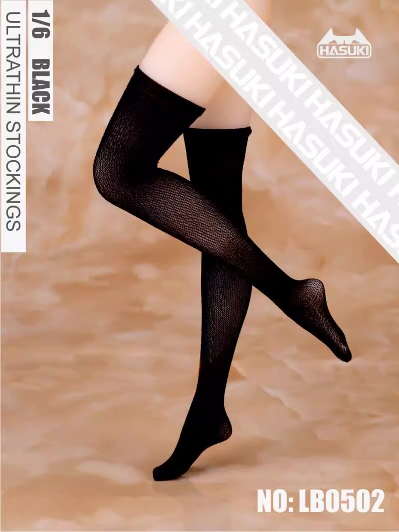 HASUKI LB0502 black 1:6 figure footed thigh-high stockings on miniature figure legs
