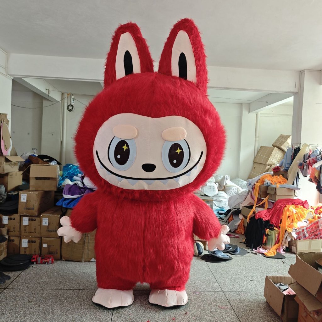 Red Labubu-style walking mascot