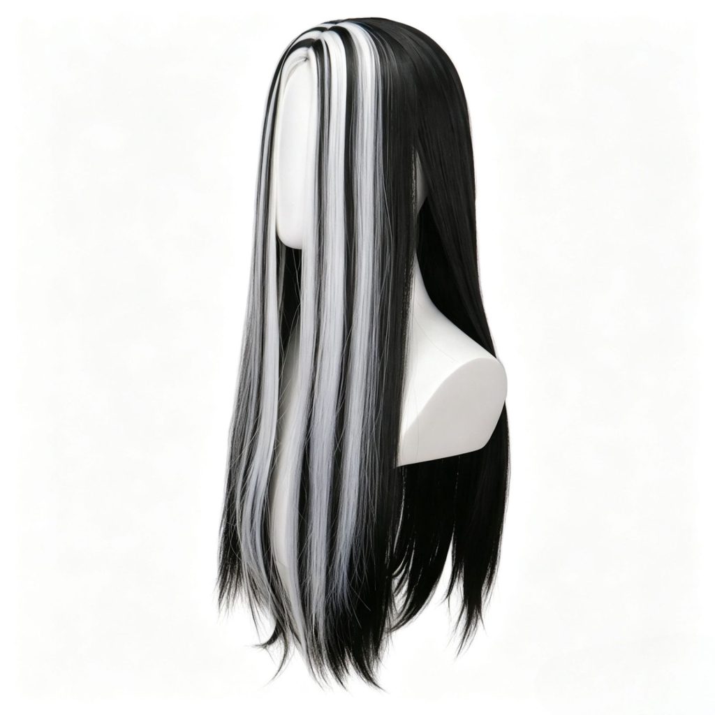 Side view of black and white Frankie wig showing streak placement