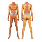 Orange spy-agent jumpsuit, front and back