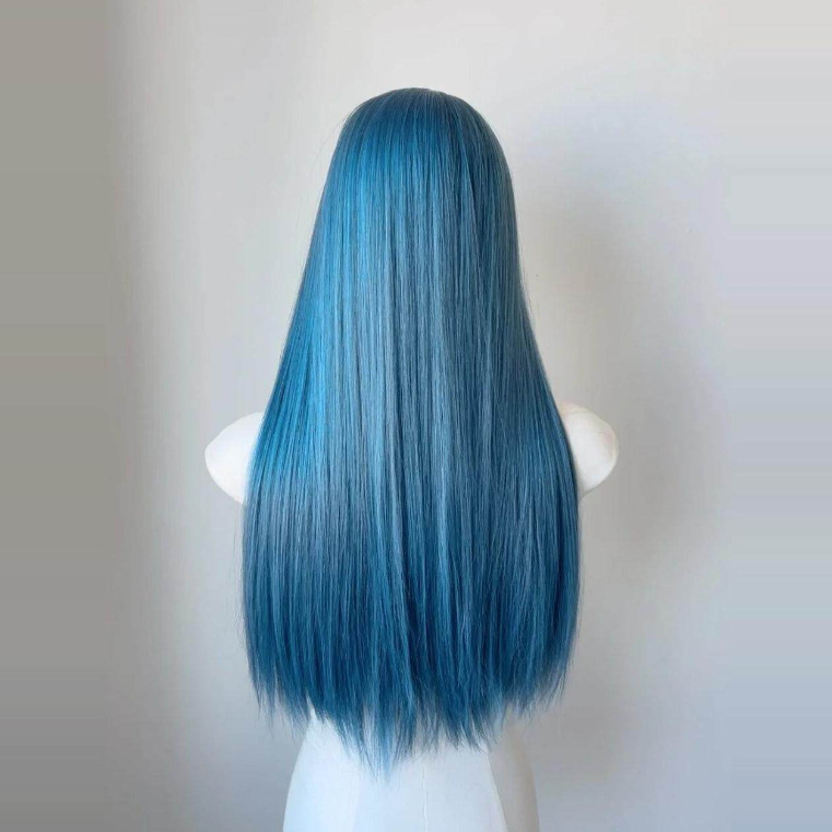 Rear view of long straight blue wig on mannequin