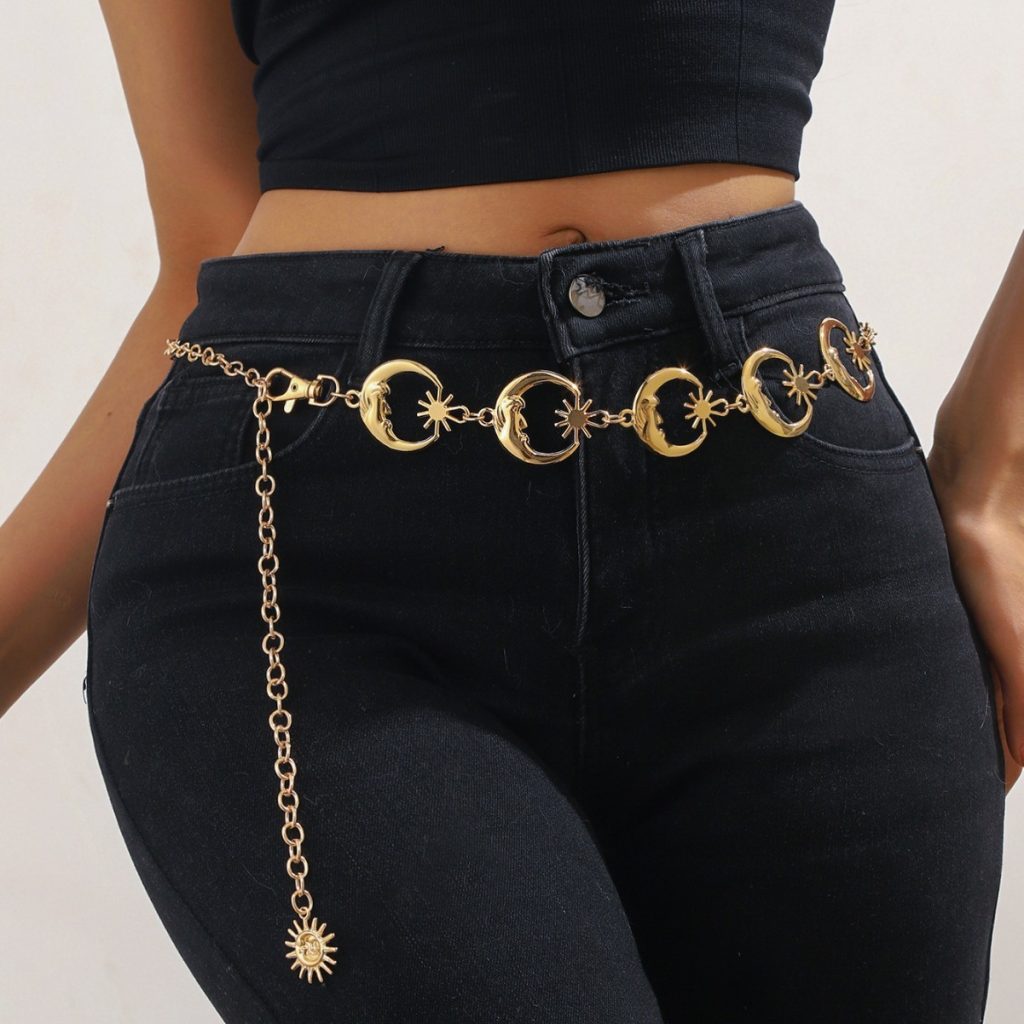 Crescent Moon and Sun Waist Chain — Gold-colored single layer