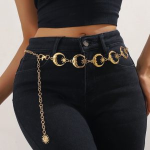 Crescent Moon and Sun Waist Chain — Gold-colored single layer