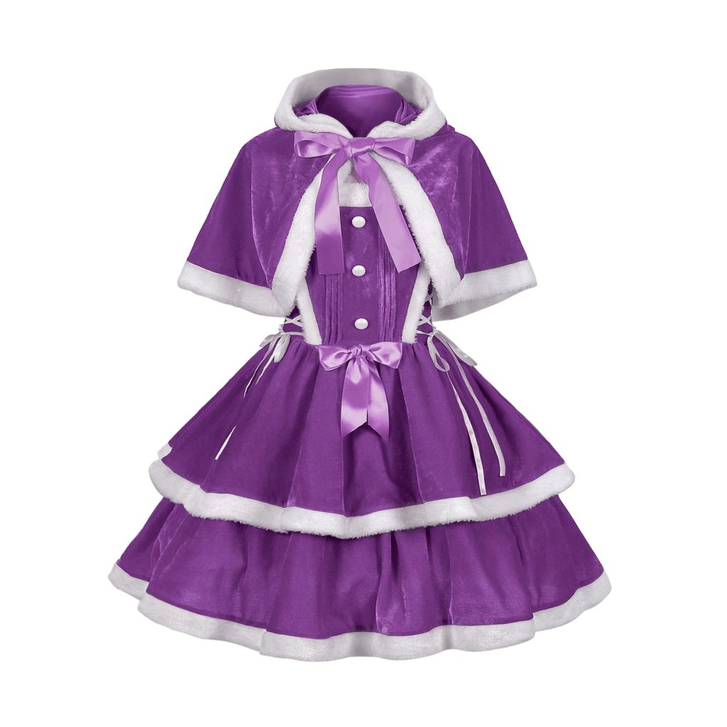 Purple Christmas dress with hooded cape and layered white-trim skirt