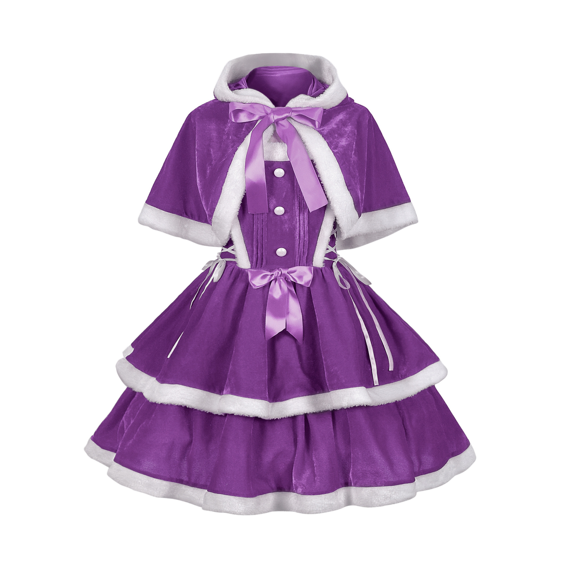 Purple Christmas dress with hooded cape and layered white-trim skirt