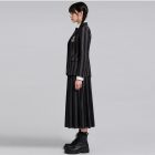 Side view of black striped uniform jacket and long skirt