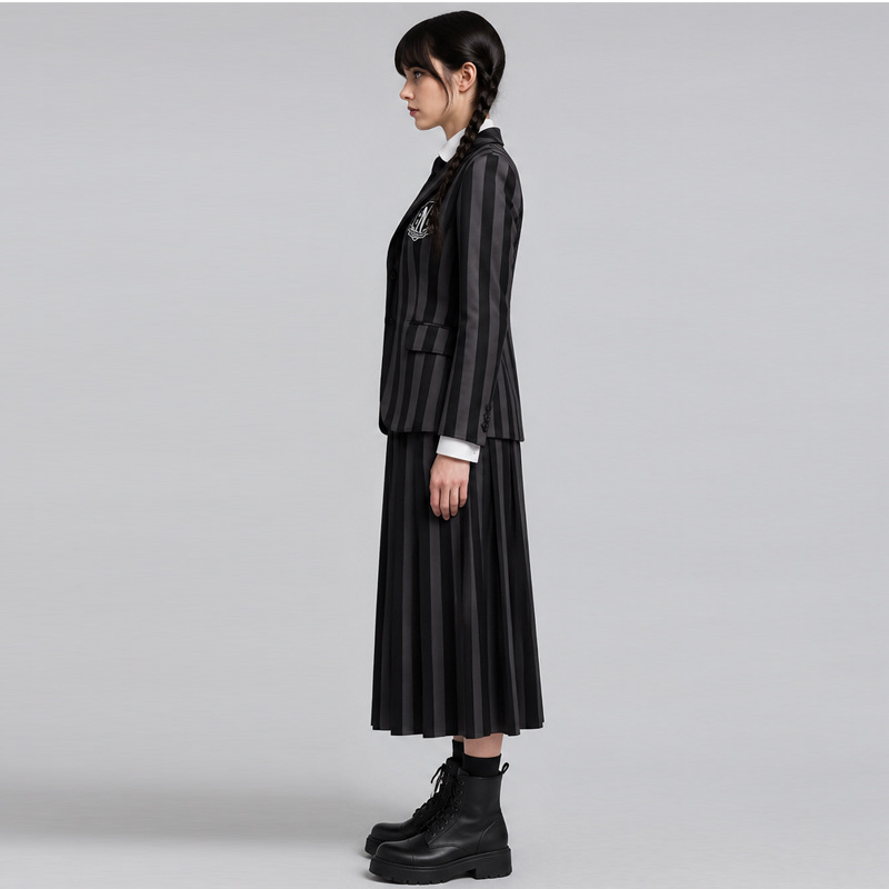 Side view of black striped uniform jacket and long skirt