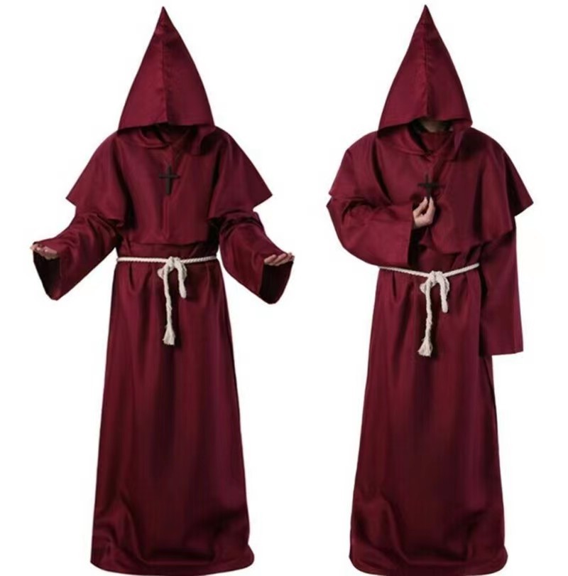 Burgundy hooded monk robe with waist cord