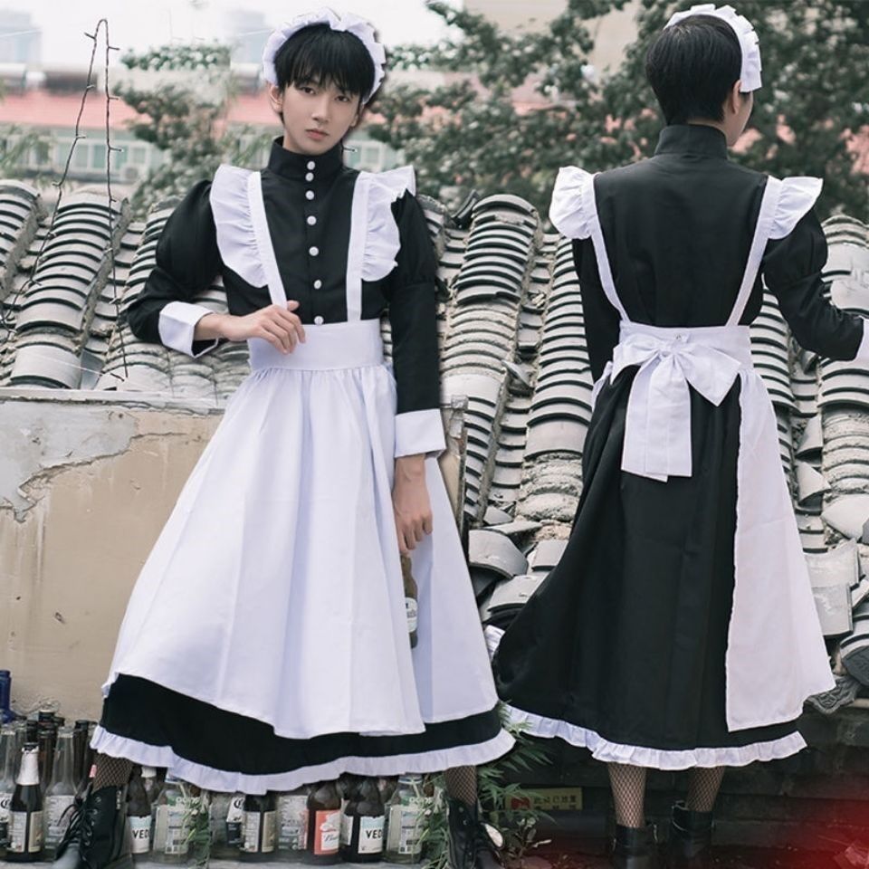 Front and back of black maid dress with apron tied in a white bow