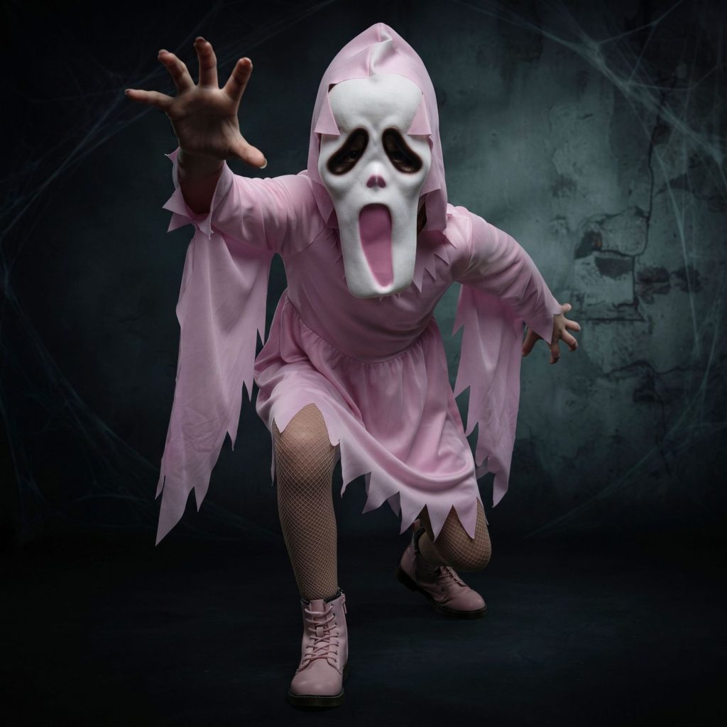 Pink ghost costume and mask in a Halloween scene