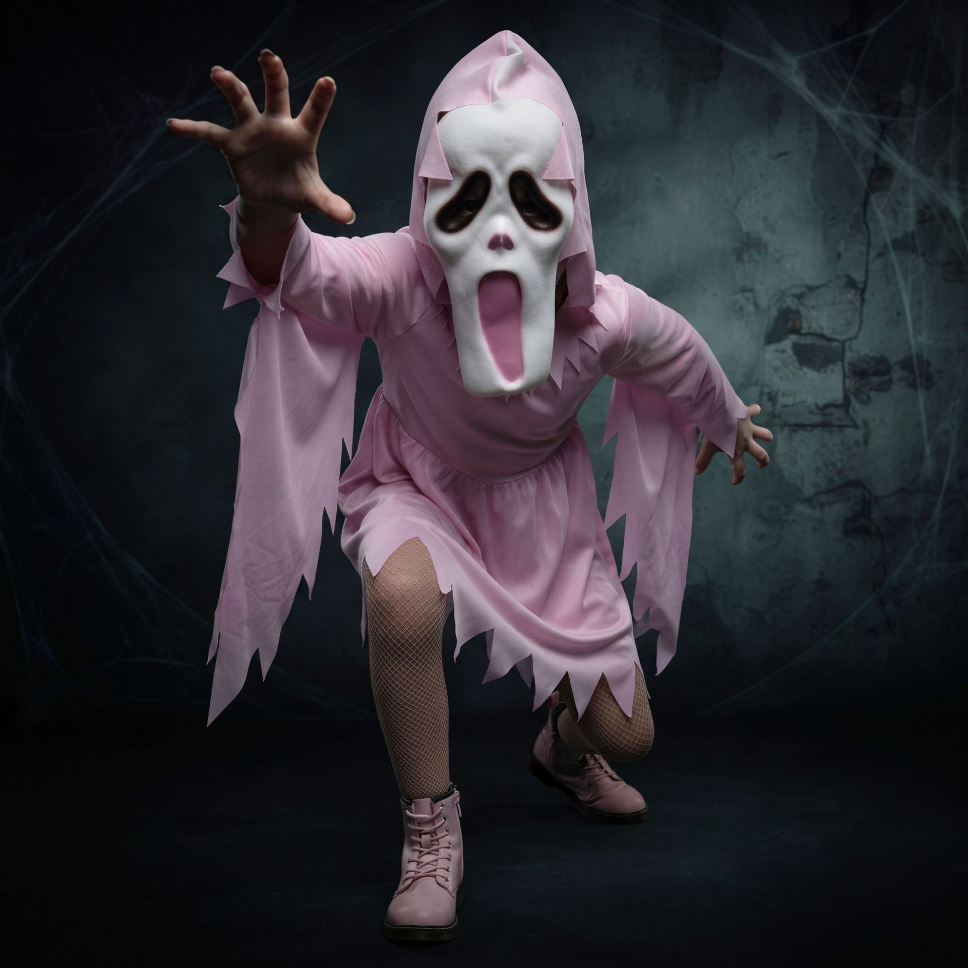 Pink ghost costume and mask in a Halloween scene