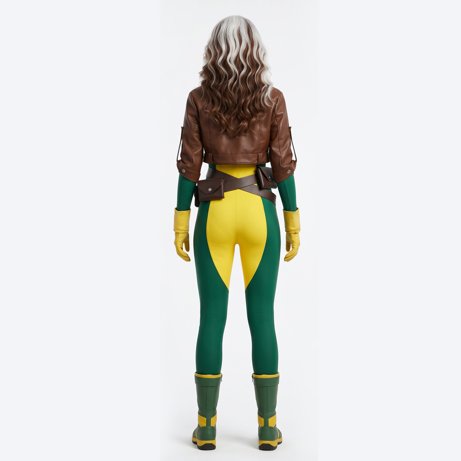 Rear view of Rogue costume jacket and crossed waist belts
