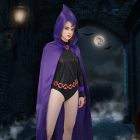Purple Raven-inspired cape and pointed hood, angled view