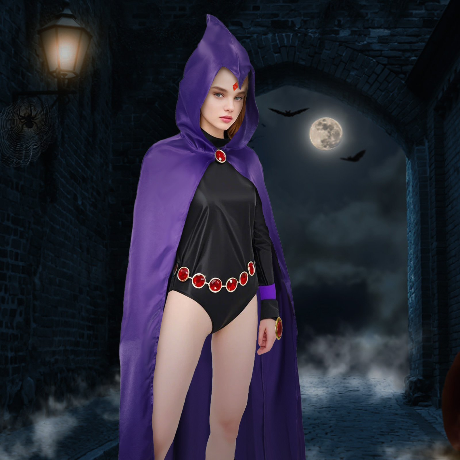 Purple Raven-inspired cape and pointed hood, angled view