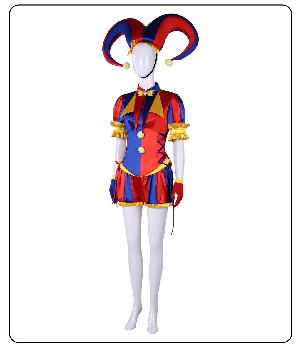 Pomni jester costume in red and blue, front three-quarter view