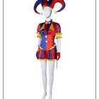 Pomni jester costume in red and blue, front three-quarter view