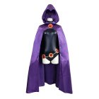 Front view of purple hooded cape and black Raven costume