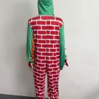 Rear view of brick print and green hood on fireplace costume
