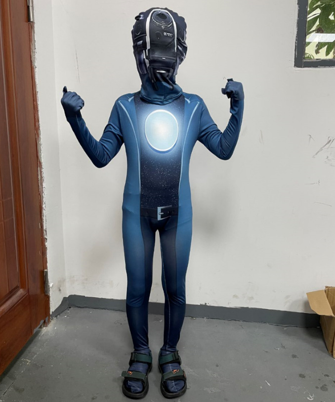 Blue Titan Cameraman inspired bodysuit worn front view