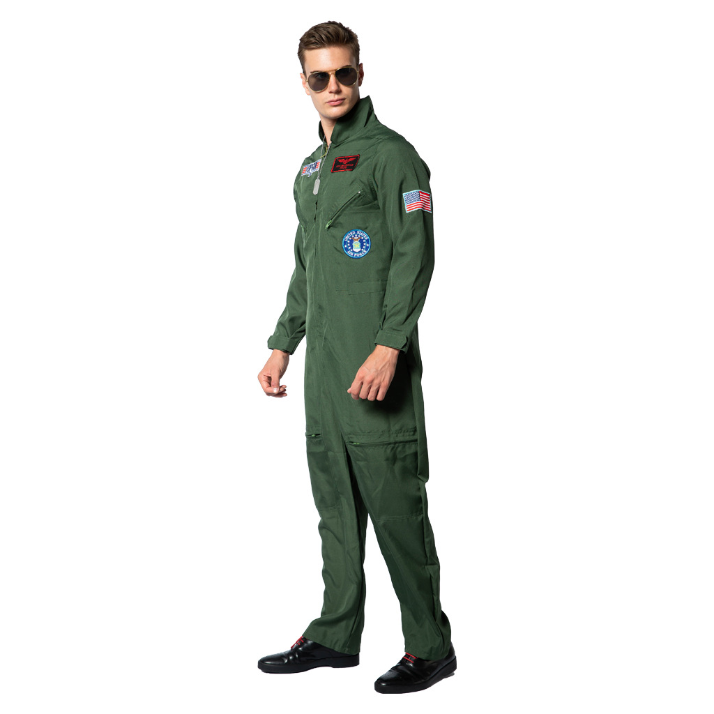 Three-quarter view of an adult model wearing an olive-green pilot jumpsuit with chest patches and leg pockets