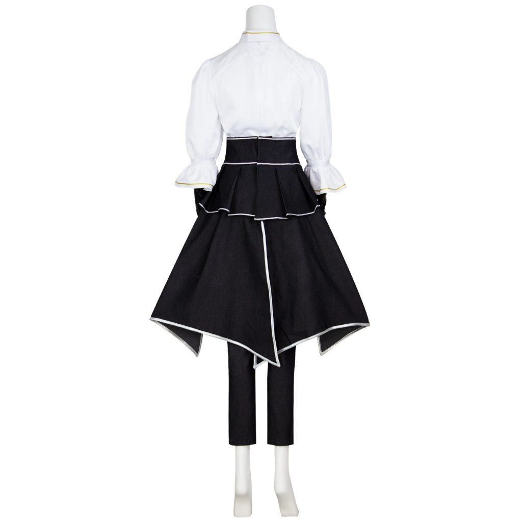 Maelle costume back with layered black waist panels and white piping