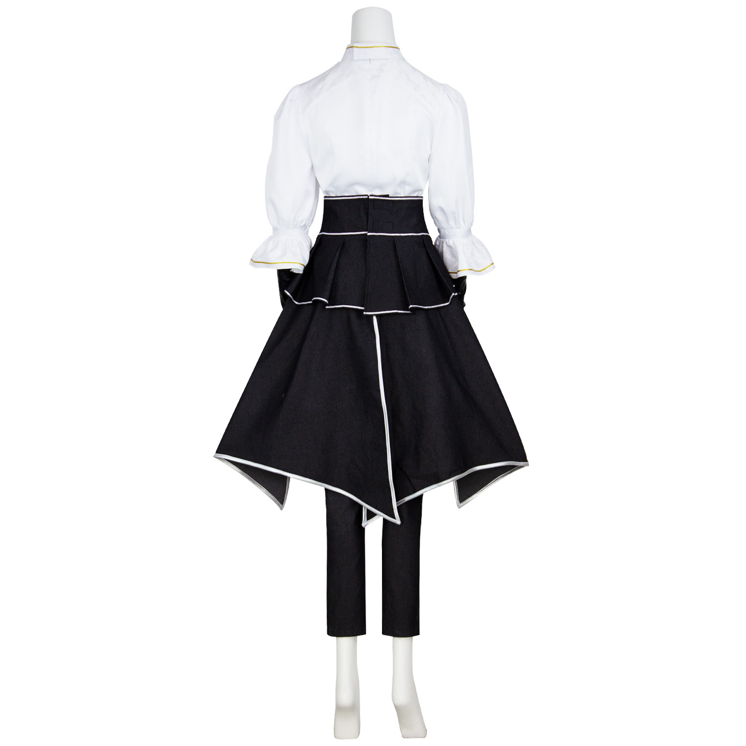 Maelle costume back with layered black waist panels and white piping