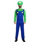 Green Luigi costume garment with blue overall-look panels