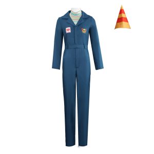 Anya blue jumpsuit, striped shirt, belt and party hat