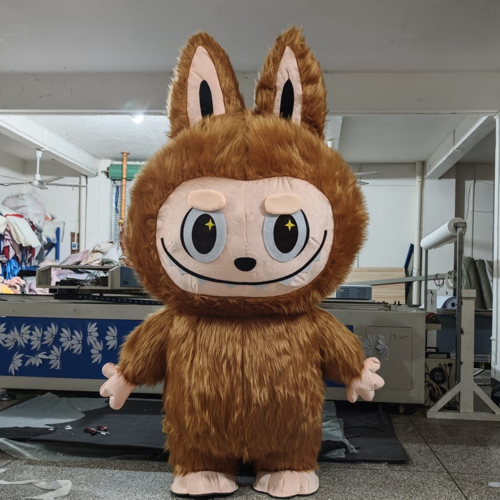 Long ears and toothy face detail of the brown mascot costume