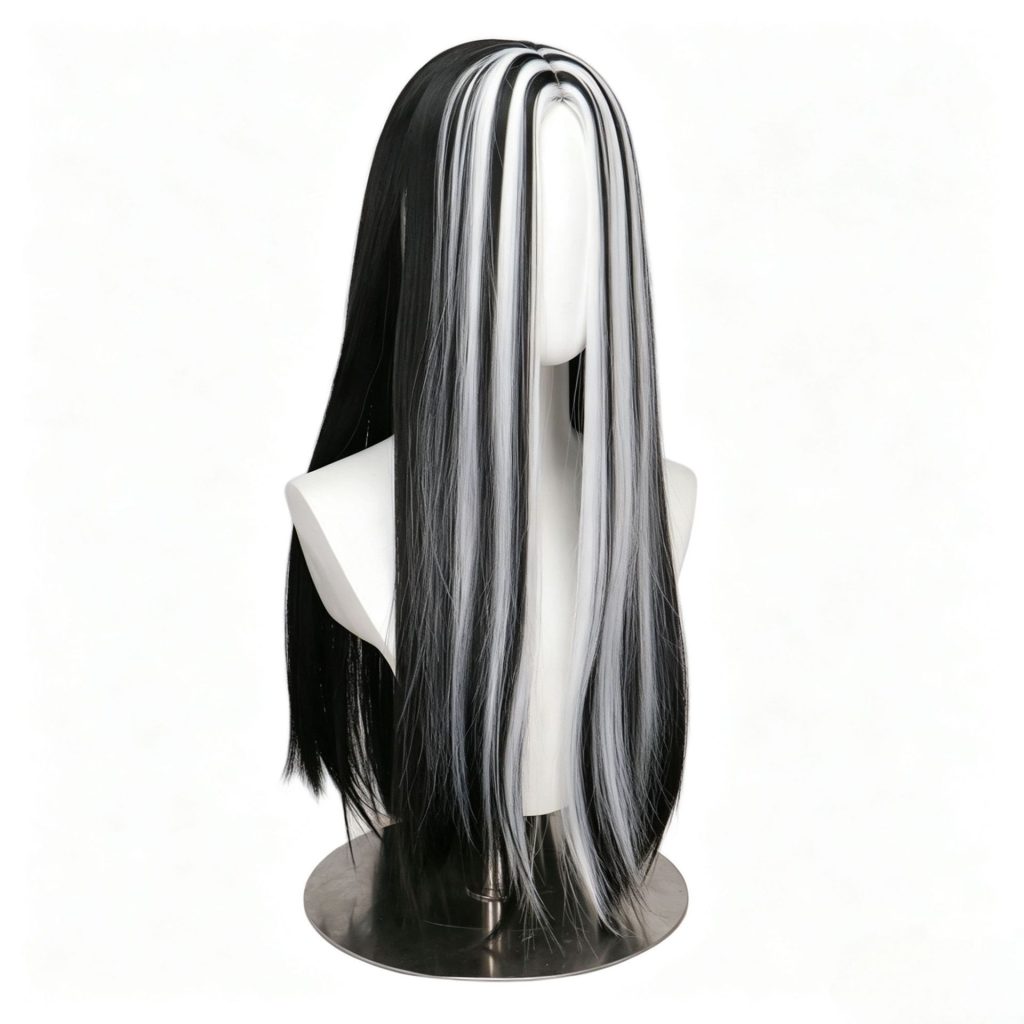 Frankie wig center part and contrasting white streaks, angled front view