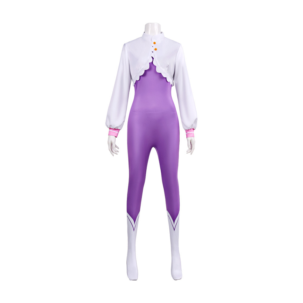 Emilia purple jumpsuit and white shoulder shawl front view