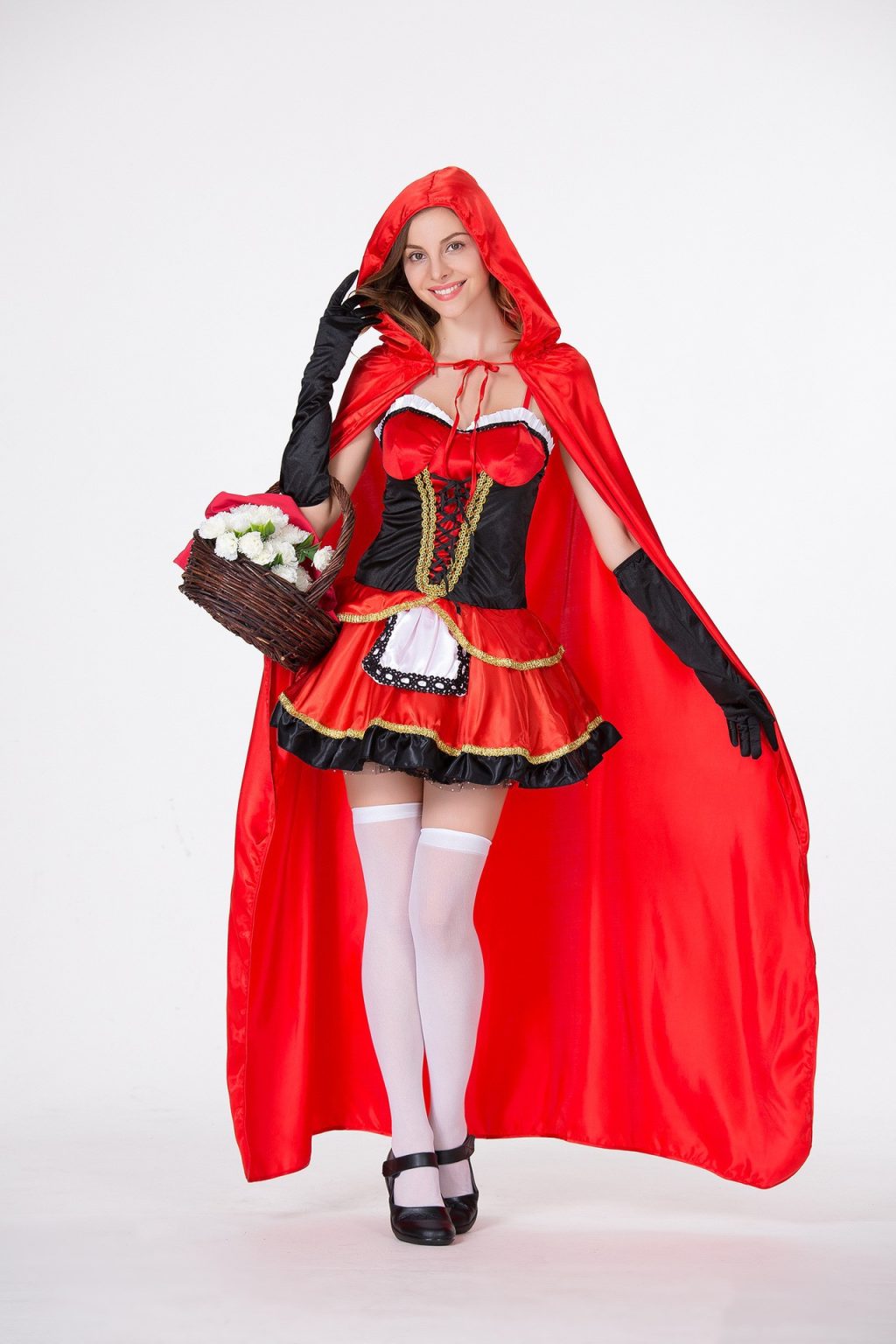 Red hooded cape, black and red dress and long black gloves worn together