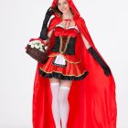 Red hooded cape, black and red dress and long black gloves worn together