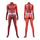 Red spy-agent jumpsuit, front and back
