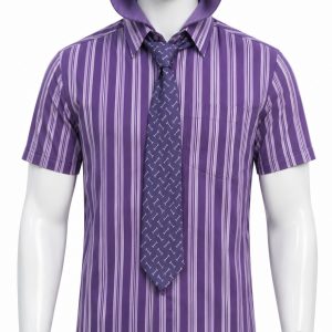 Skeletor office costume purple striped shirt, hood and bone-pattern tie