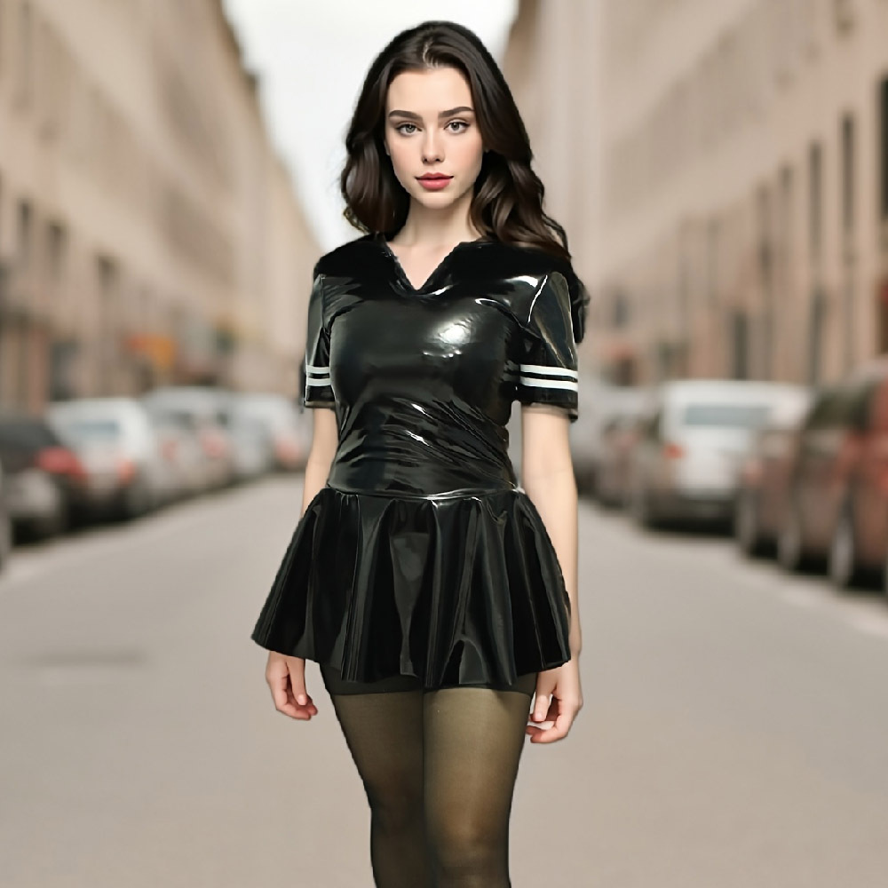 Black sailor-collar dress worn with striped cuffs and flared skirt