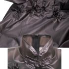 Close-up of the dress collar and decorative frog-button trim