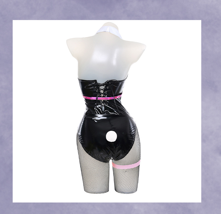 Back view of black bunny bodysuit with lace-up closure and white tail