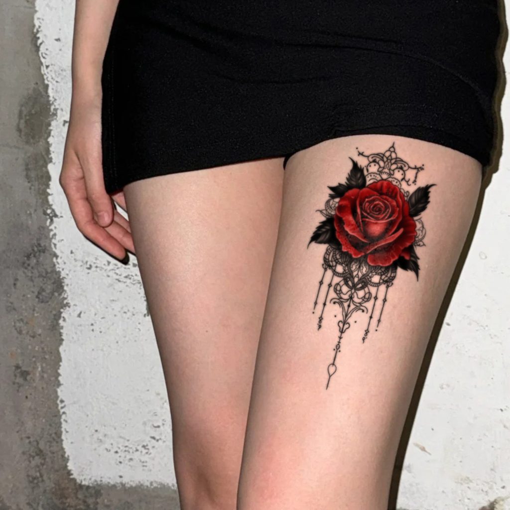 Red rose ornamental tattoo on upper leg