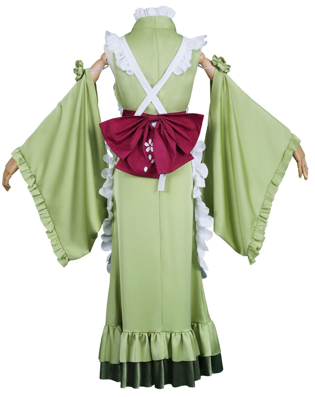 Back view of Matcha Parfait Miku green costume with burgundy bow