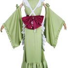 Back view of Matcha Parfait Miku green costume with burgundy bow