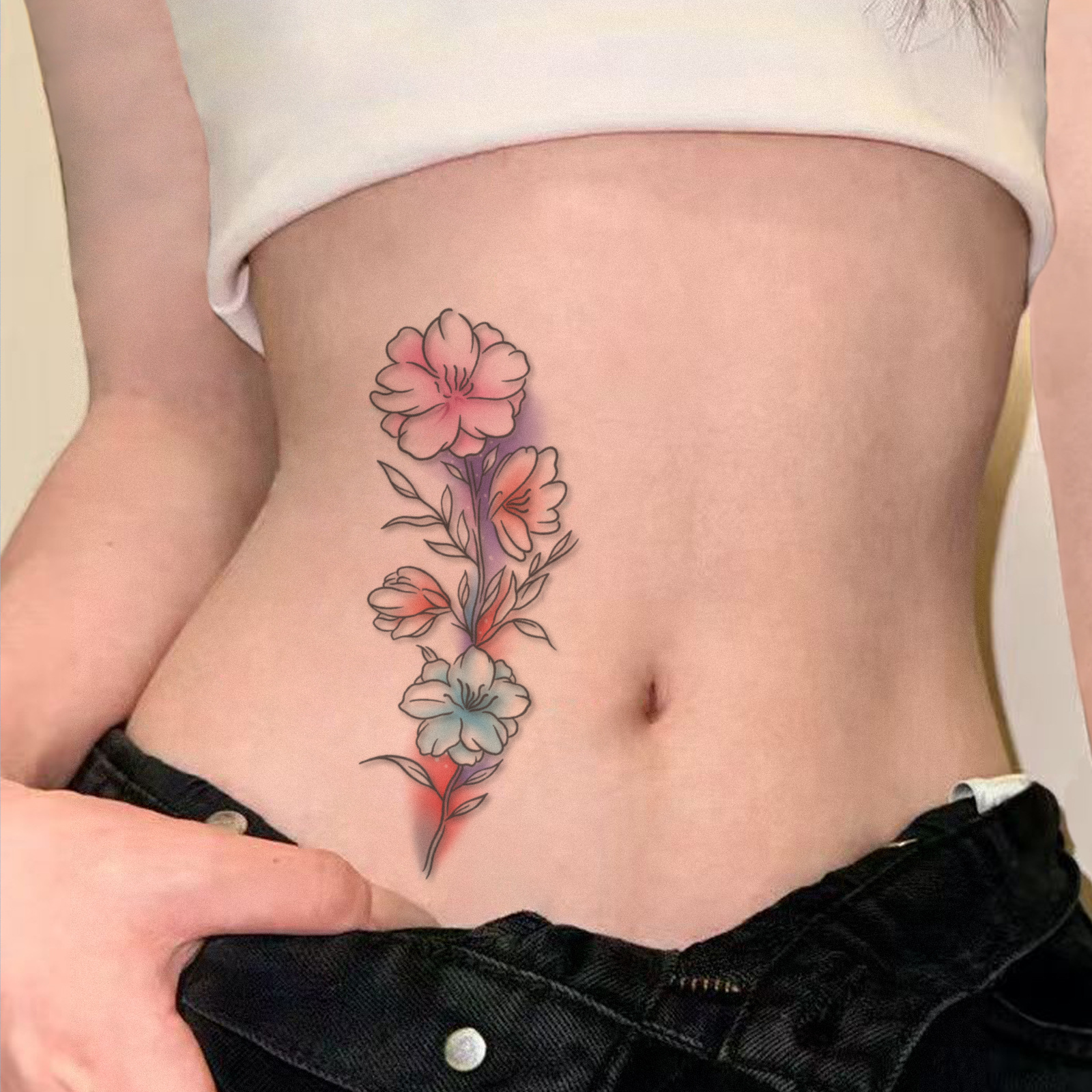 Pastel floral bouquet transfer beside waist