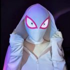 White Gwen-style mask with pink eye frames worn with a web-themed outfit